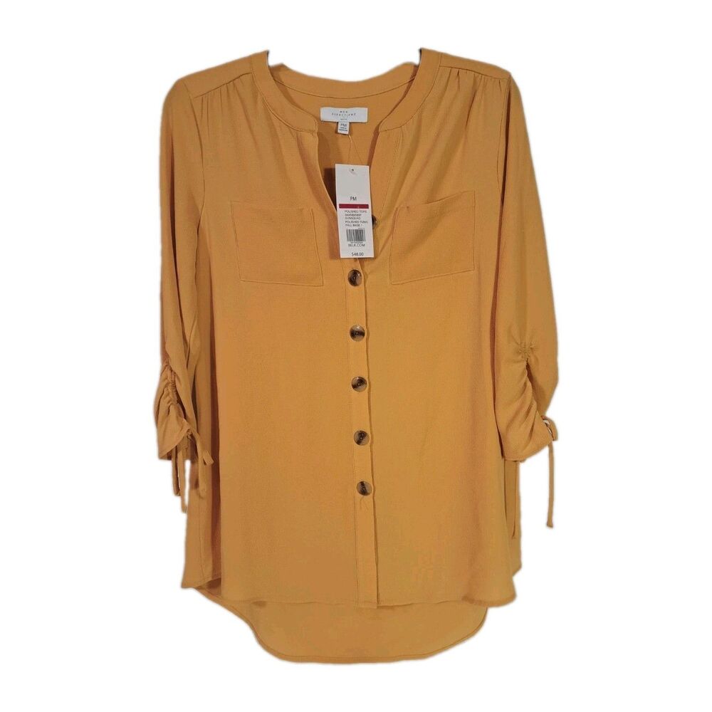 New Directions Women’s PM Mustard Yellow Tunic Button Up Hi Low Tie Sleeves NWT